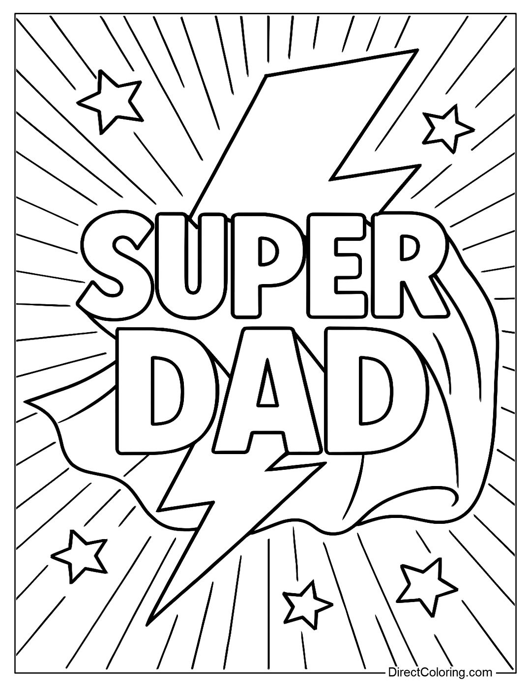 a coloring page of the big letter Super Dad poster drawn in a big balloon style in the middle with a lightning effect background, superhero cape and stars